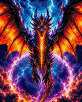 A majestic dragon with fiery wings against a stormy sky with lightning. Size - 40cm x 50cm