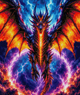 A majestic dragon with fiery wings against a stormy sky with lightning. Size - 50cm x 60cm