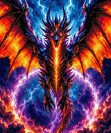 A majestic dragon with fiery wings against a stormy sky with lightning. Size - 50cm x 60cm