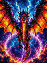 A majestic dragon with fiery wings against a stormy sky with lightning. Size - 60cm x 80cm