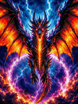A majestic dragon with fiery wings against a stormy sky with lightning. Size - 60cm x 80cm