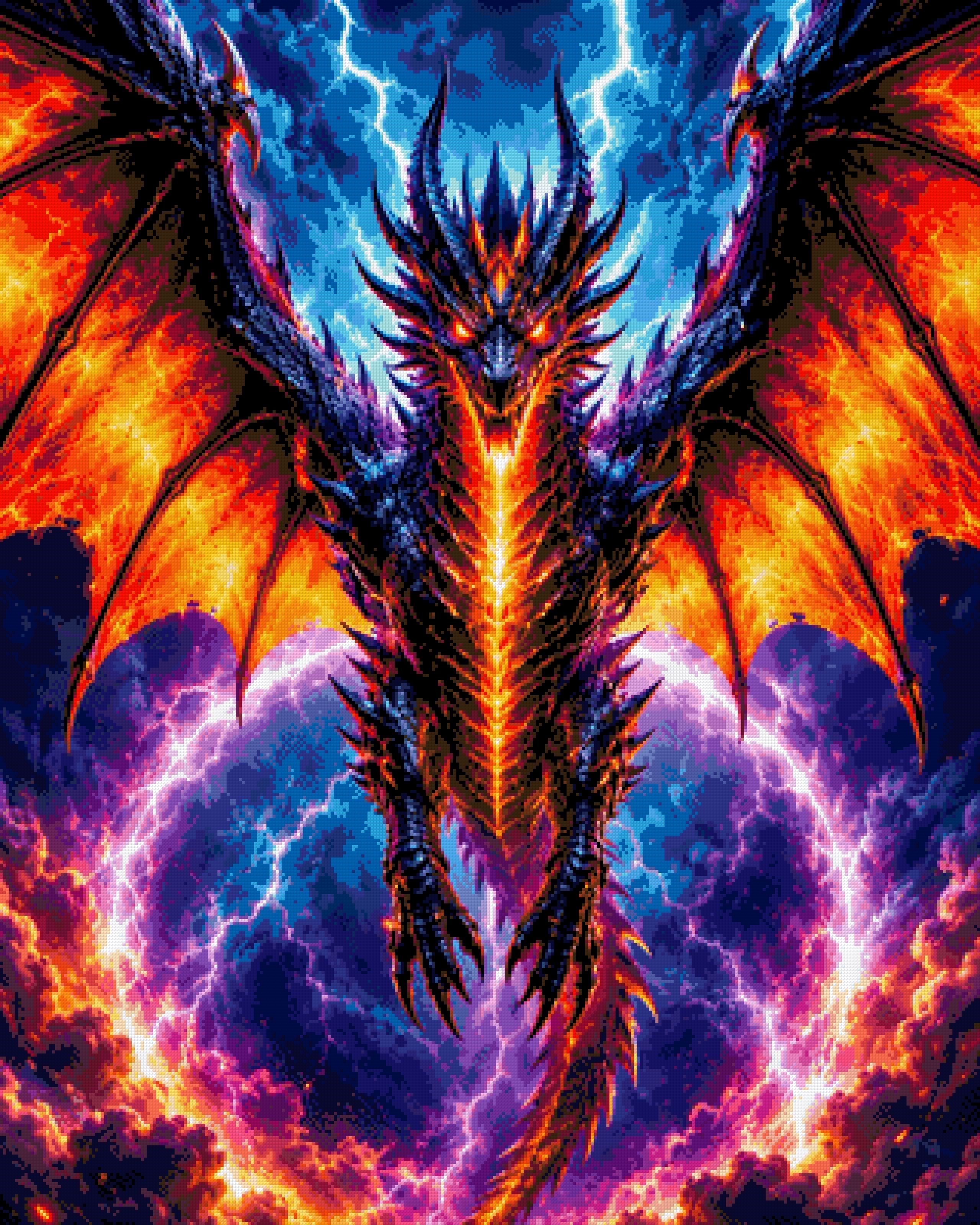 A majestic dragon with fiery wings against a stormy sky with lightning. Size - 80cm x 100cm
