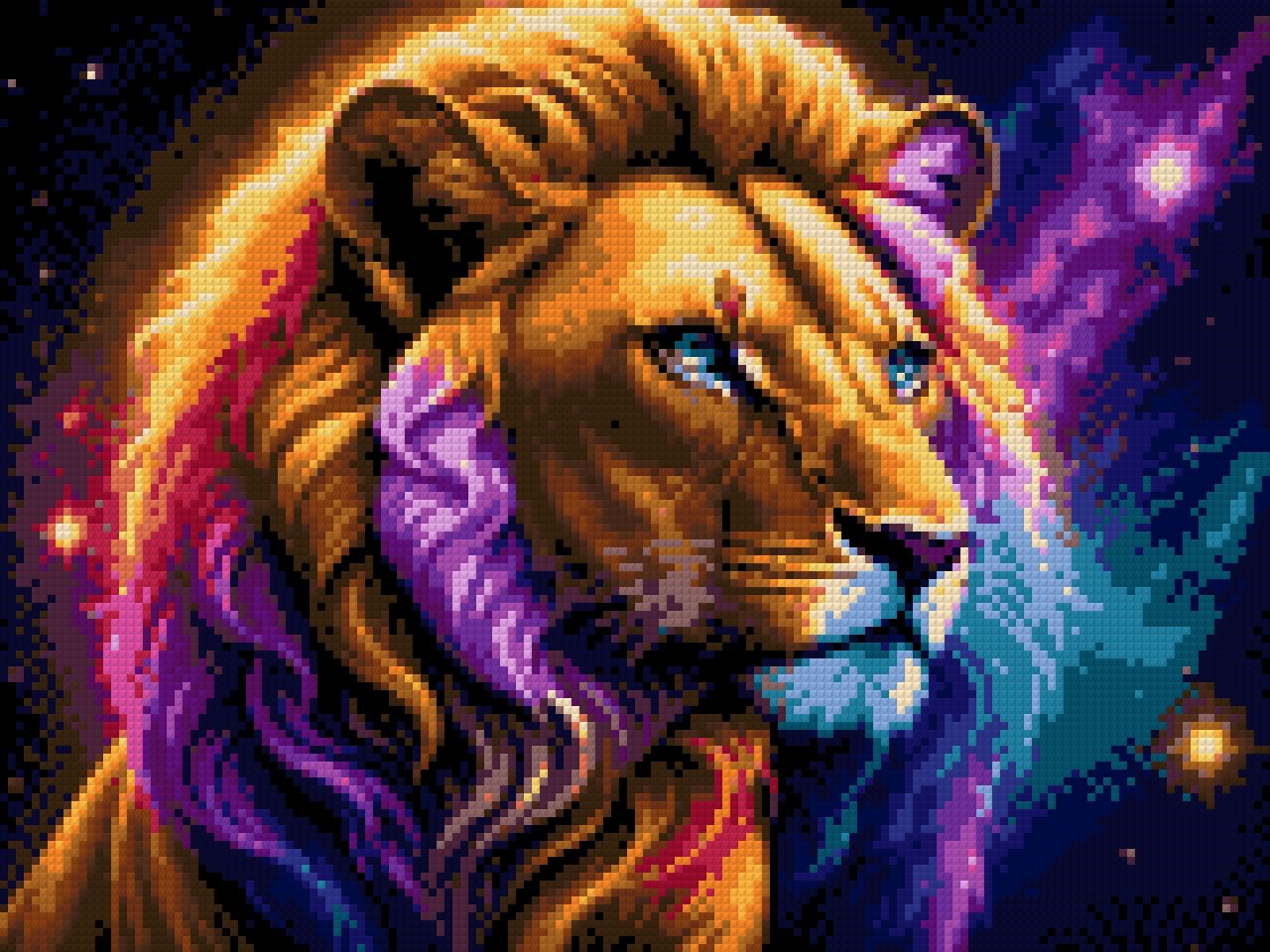 Lion with a colourful mane gazes into the starry cosmos, blending earthly and celestial elements. Size - 40cm x 30cm