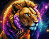 Lion with a colourful mane gazes into the starry cosmos, blending earthly and celestial elements. Size - 50cm x 40cm