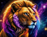 Lion with a colourful mane gazes into the starry cosmos, blending earthly and celestial elements. Size - 50cm x 40cm