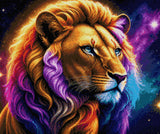 Lion with a colourful mane gazes into the starry cosmos, blending earthly and celestial elements. Size - 60cm x 50cm