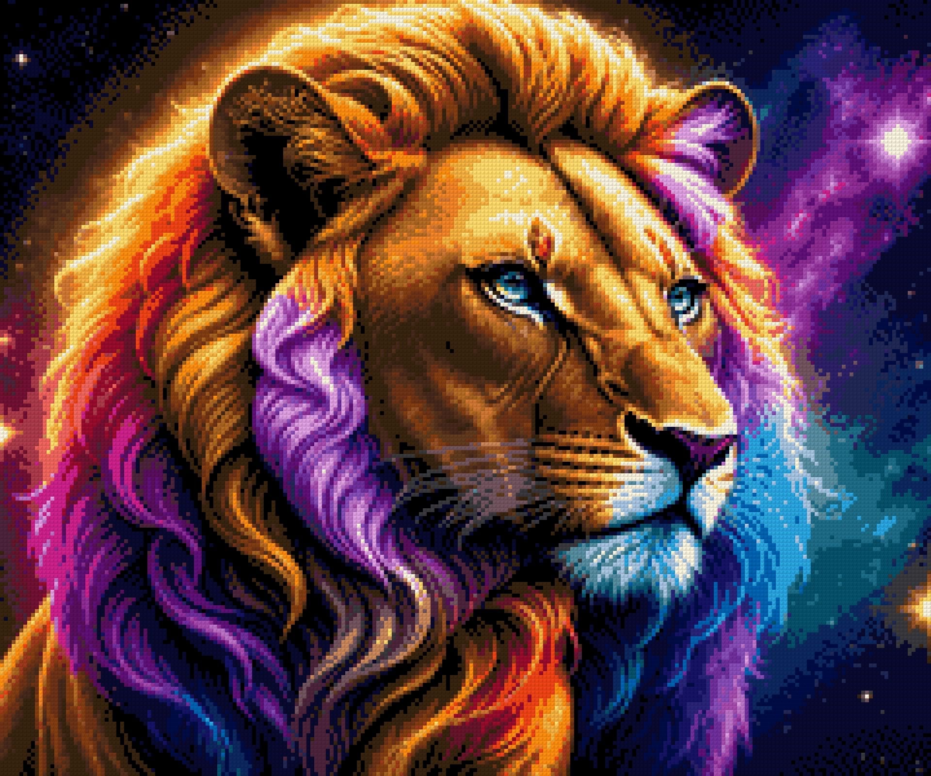 Lion with a colourful mane gazes into the starry cosmos, blending earthly and celestial elements. Size - 60cm x 50cm