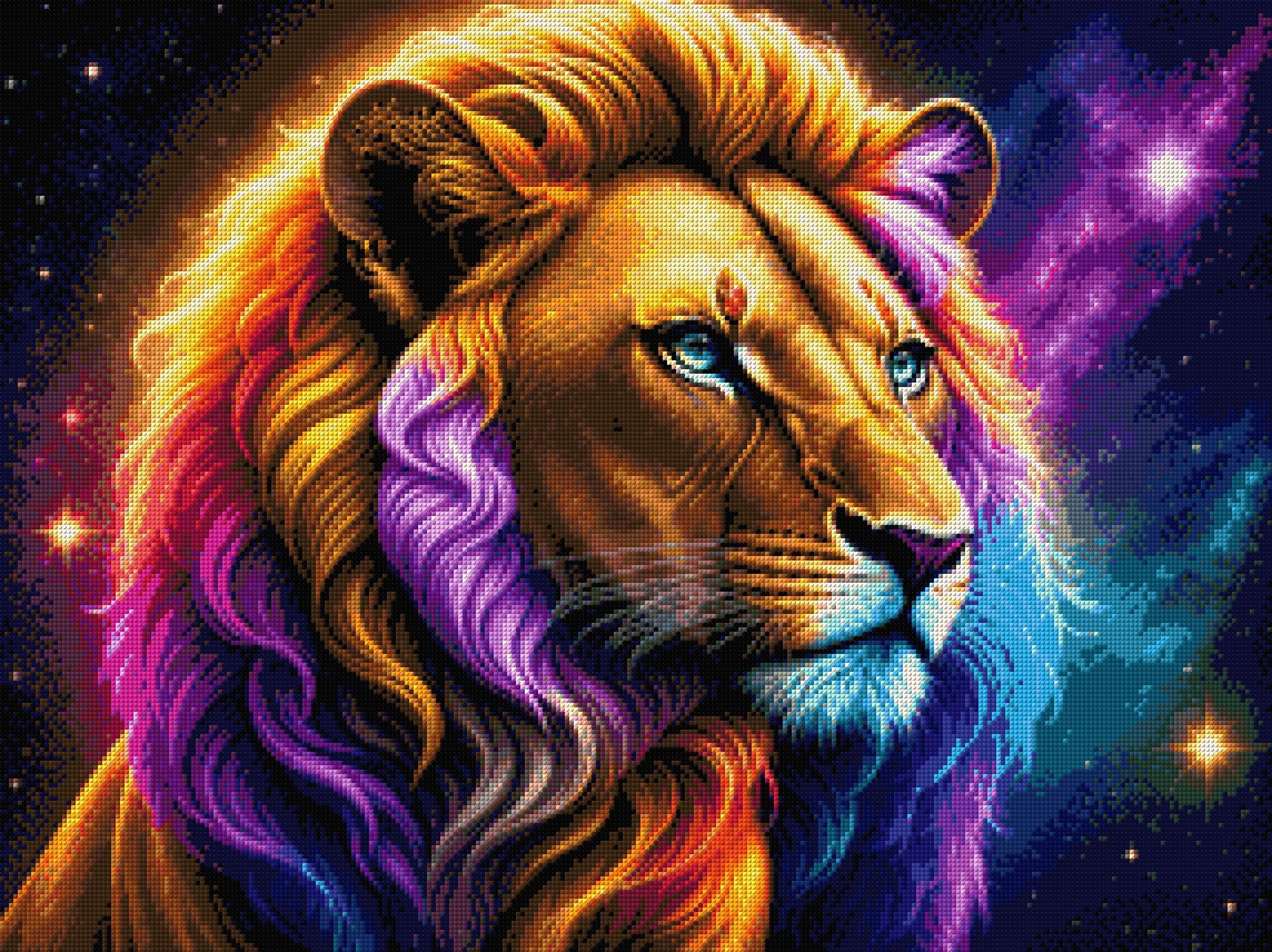 Lion with a colourful mane gazes into the starry cosmos, blending earthly and celestial elements. Size - 80cm x 60cm