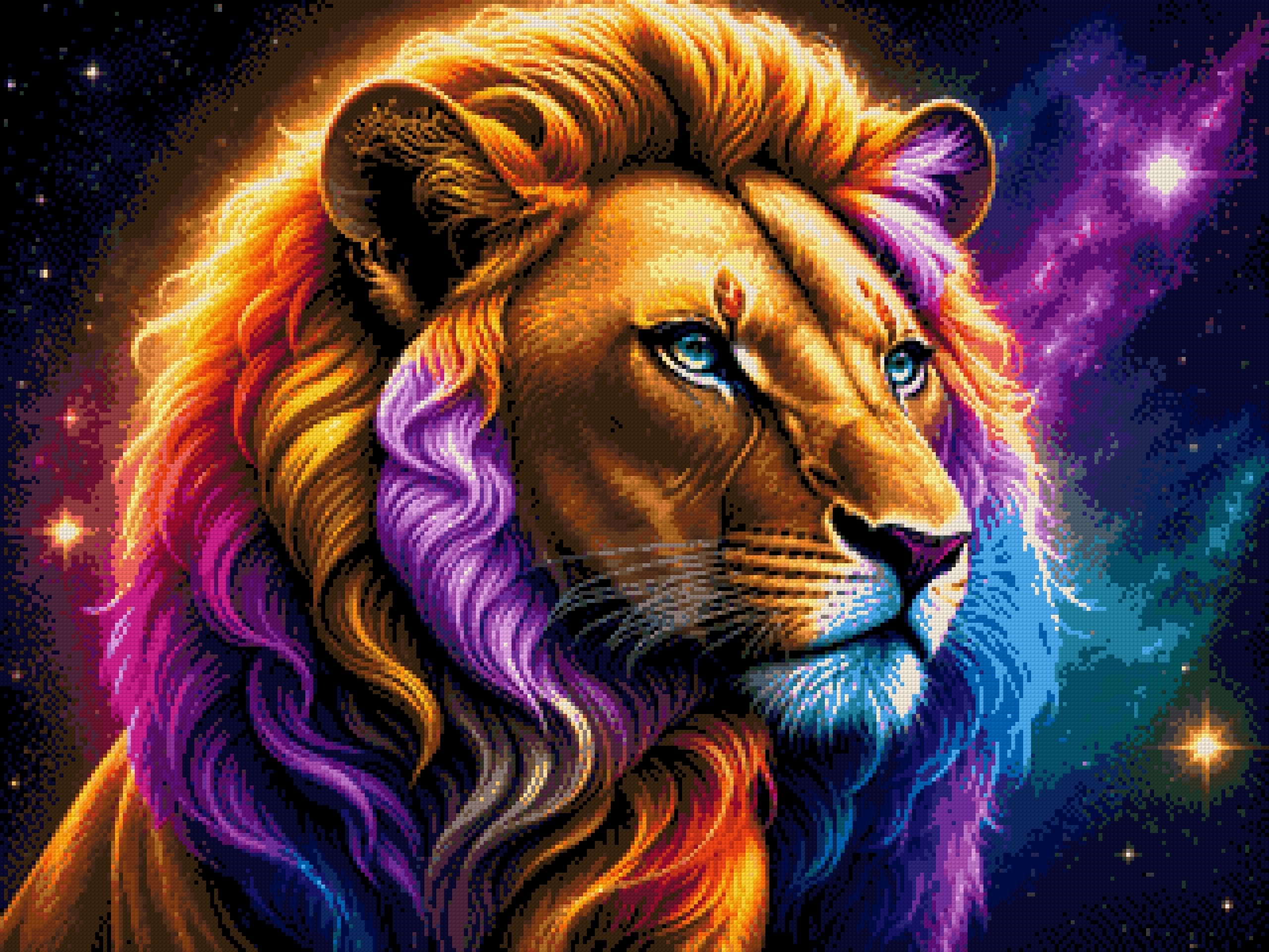 Lion with a colourful mane gazes into the starry cosmos, blending earthly and celestial elements. Size - 80cm x 60cm