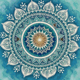 Intricate mandala with blue, white, and amber patterns. Size - 100cm x 100cm