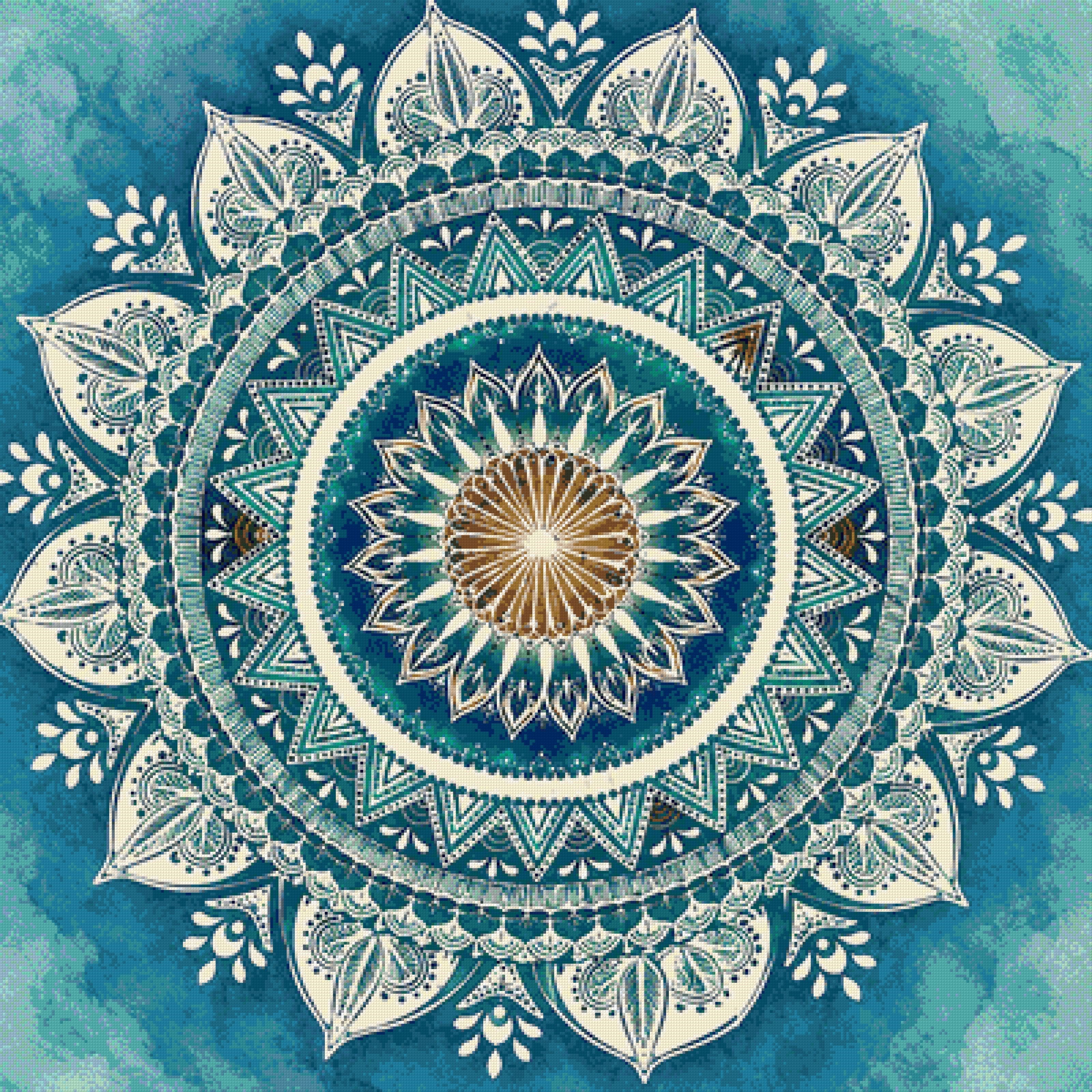 Intricate mandala with blue, white, and amber patterns. Size - 100cm x 100cm