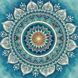 Intricate mandala with blue, white, and amber patterns. Size - 100cm x 100cm