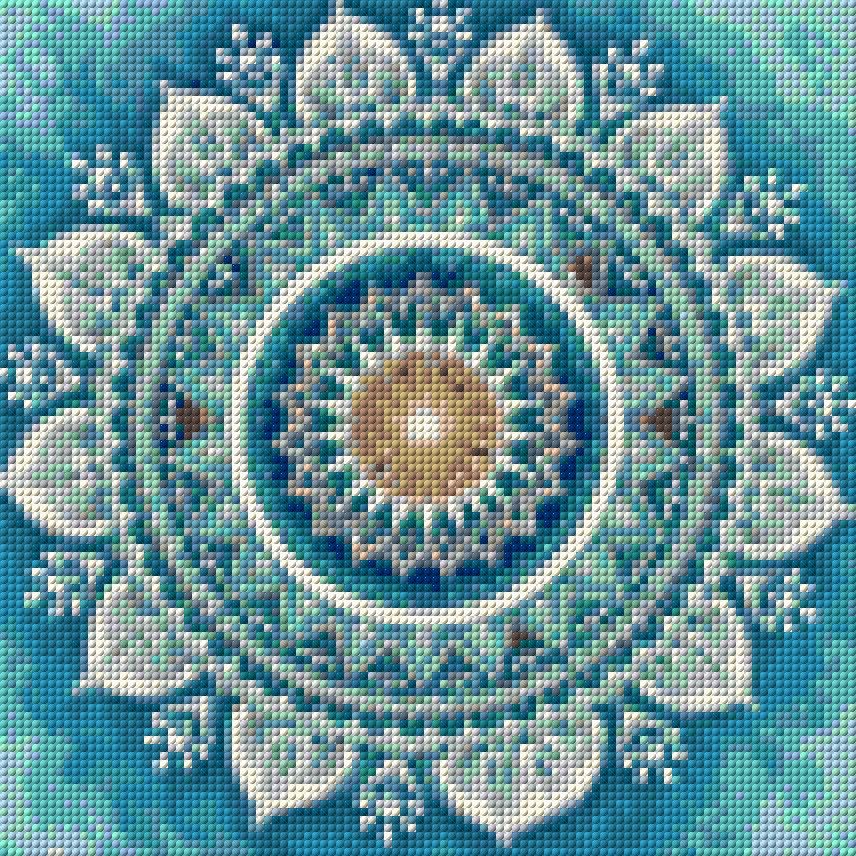 Intricate mandala with blue, white, and amber patterns. Size - 30cm x 30cm