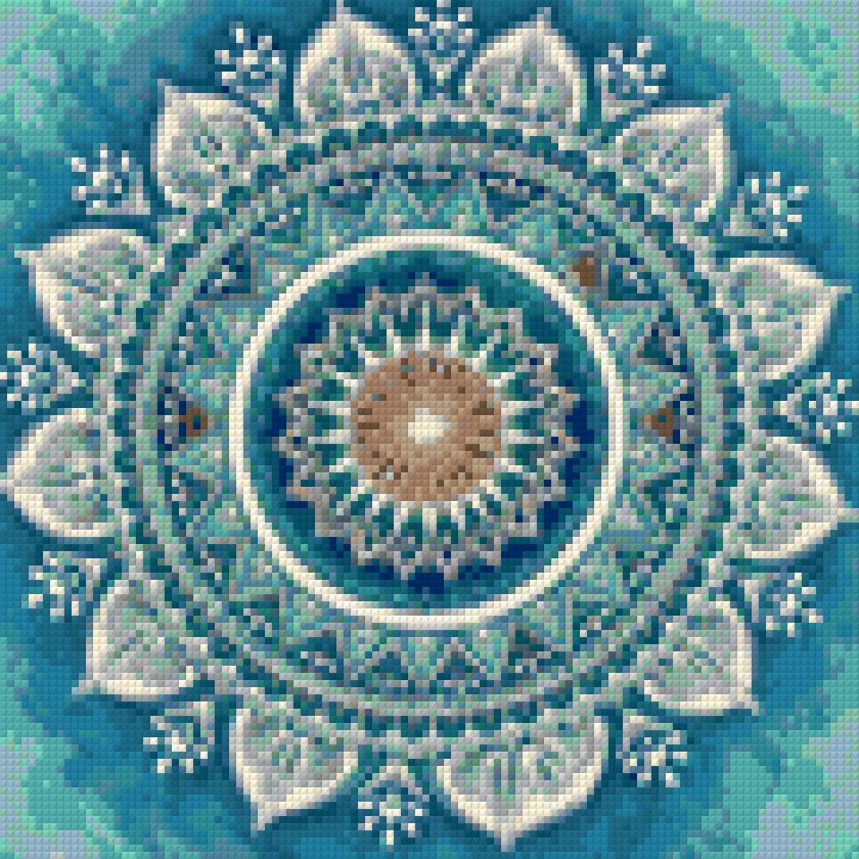 Intricate mandala with blue, white, and amber patterns. Size - 30cm x 30cm