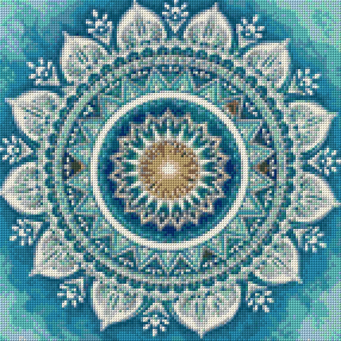 Intricate mandala with blue, white, and amber patterns. Size - 40cm x 40cm