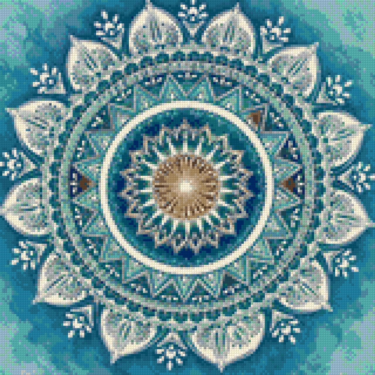 Intricate mandala with blue, white, and amber patterns. Size - 40cm x 40cm