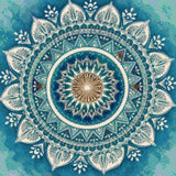 Intricate mandala with blue, white, and amber patterns. Size - 40cm x 40cm