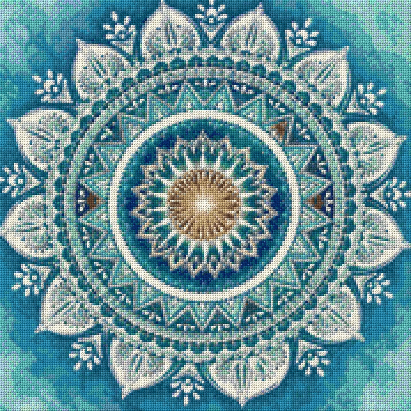 Intricate mandala with blue, white, and amber patterns. Size - 50cm x 50cm