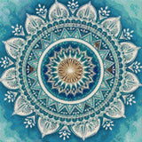 Intricate mandala with blue, white, and amber patterns. Size - 50cm x 50cm