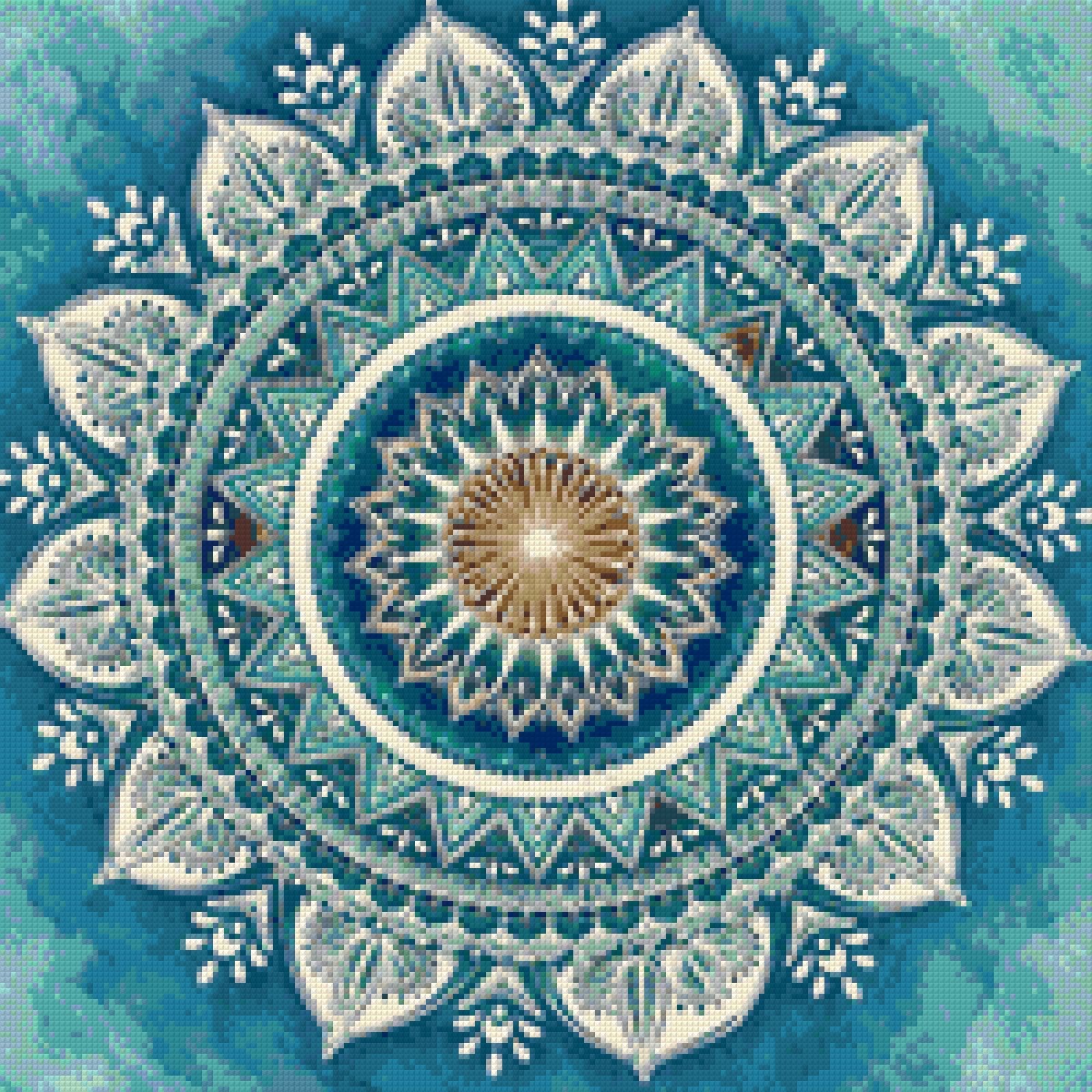 Intricate mandala with blue, white, and amber patterns. Size - 50cm x 50cm