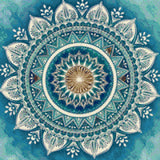 Intricate mandala with blue, white, and amber patterns. Size - 50cm x 50cm