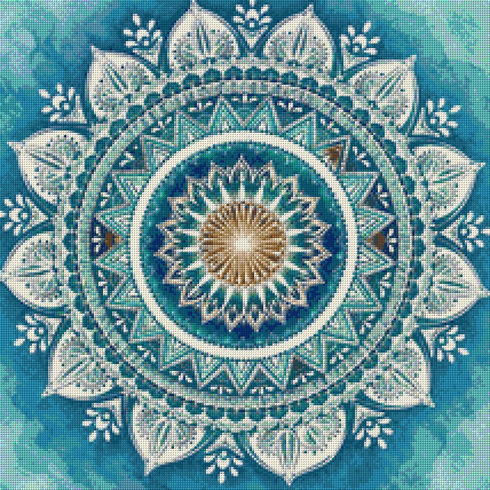 Intricate mandala with blue, white, and amber patterns. Size - 60cm x 60cm