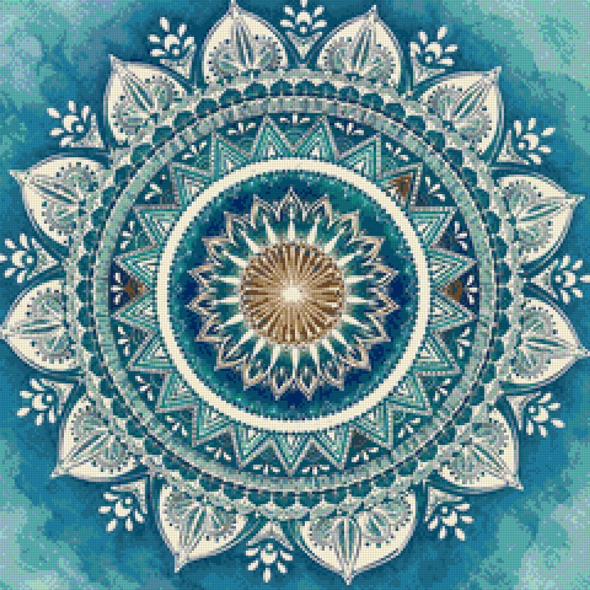 Intricate mandala with blue, white, and amber patterns. Size - 60cm x 60cm