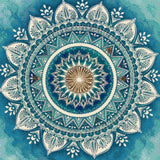 Intricate mandala with blue, white, and amber patterns. Size - 60cm x 60cm