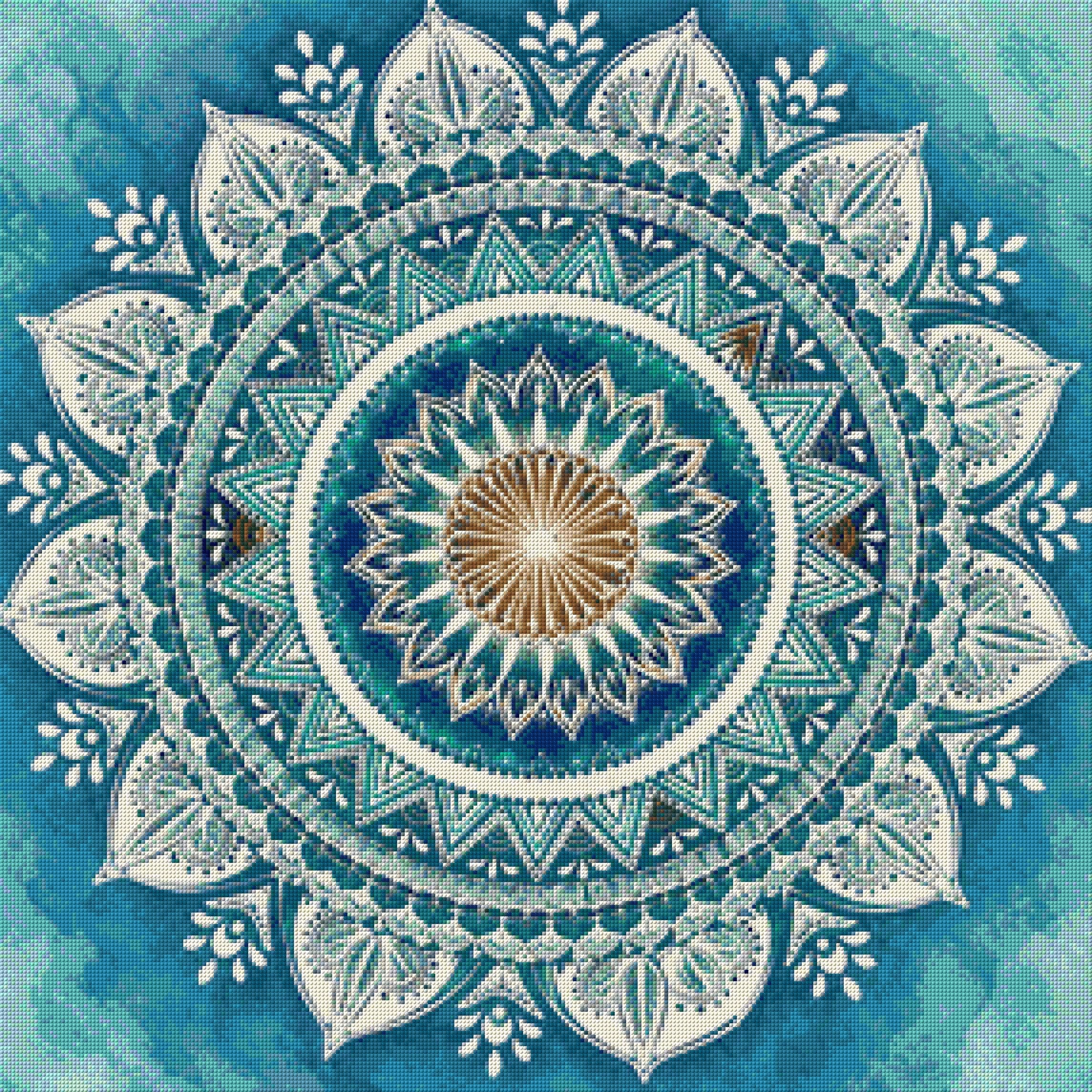 Intricate mandala with blue, white, and amber patterns. Size - 80cm x 80cm