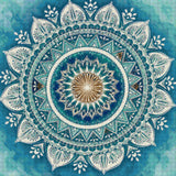 Intricate mandala with blue, white, and amber patterns. Size - 80cm x 80cm