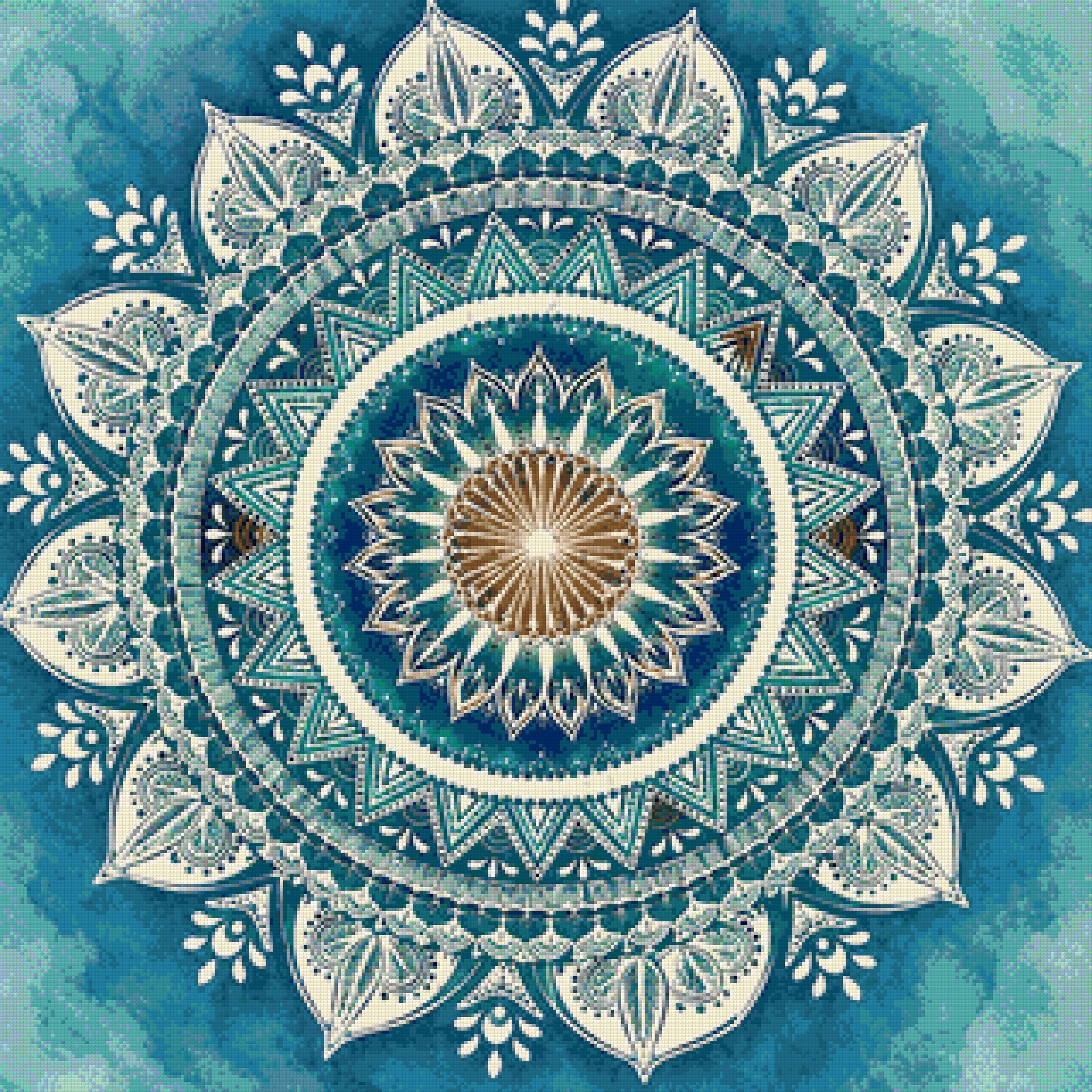 Intricate mandala with blue, white, and amber patterns. Size - 80cm x 80cm