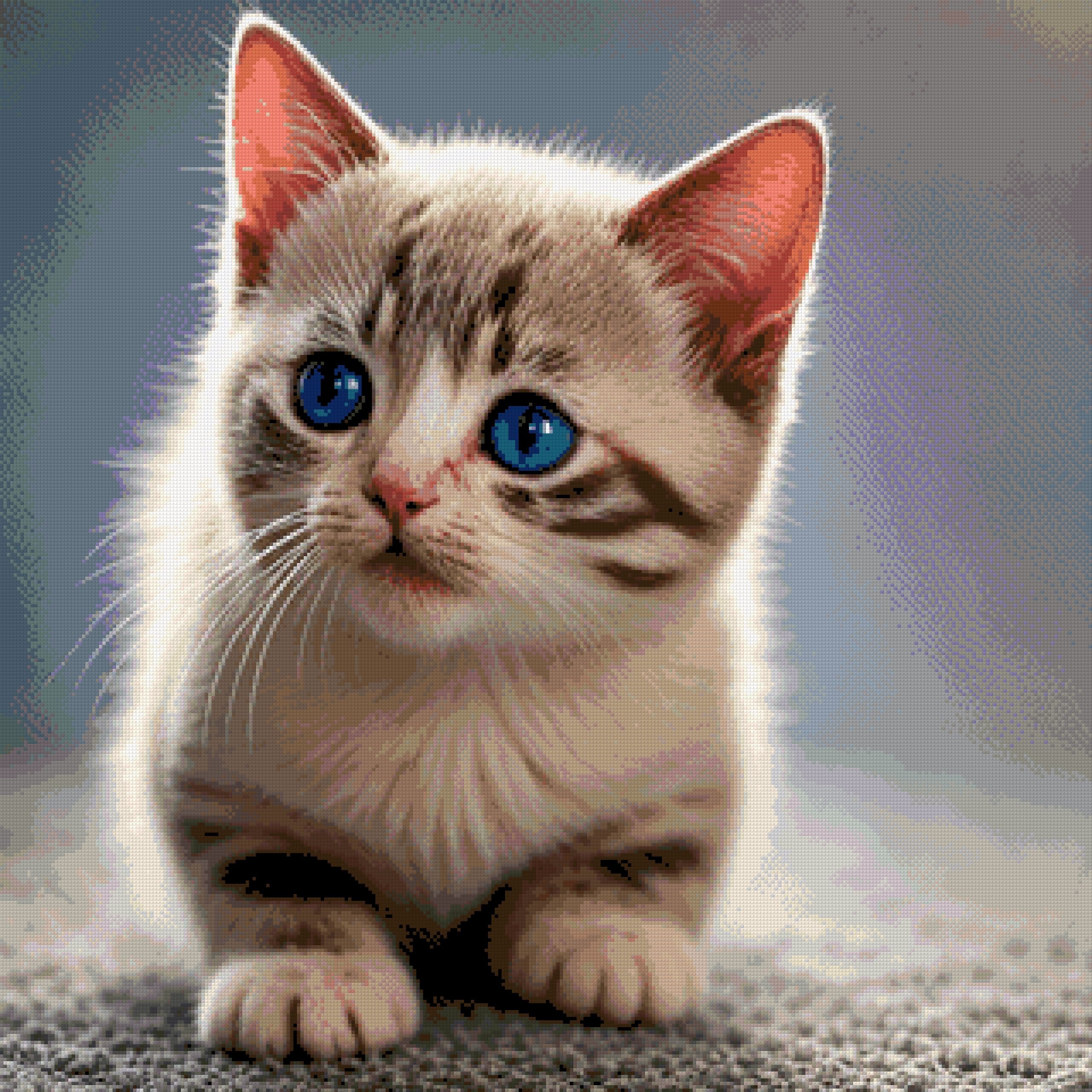 A kitten with striking blue eyes looks curiously ahead. Size - 80cm x 80cm