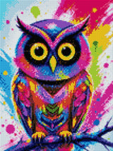 colourful owl with bright feathers and large eyes on a paint-splattered background. Size - 30cm x 40cm