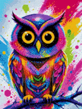 colourful owl with bright feathers and large eyes on a paint-splattered background. Size - 30cm x 40cm