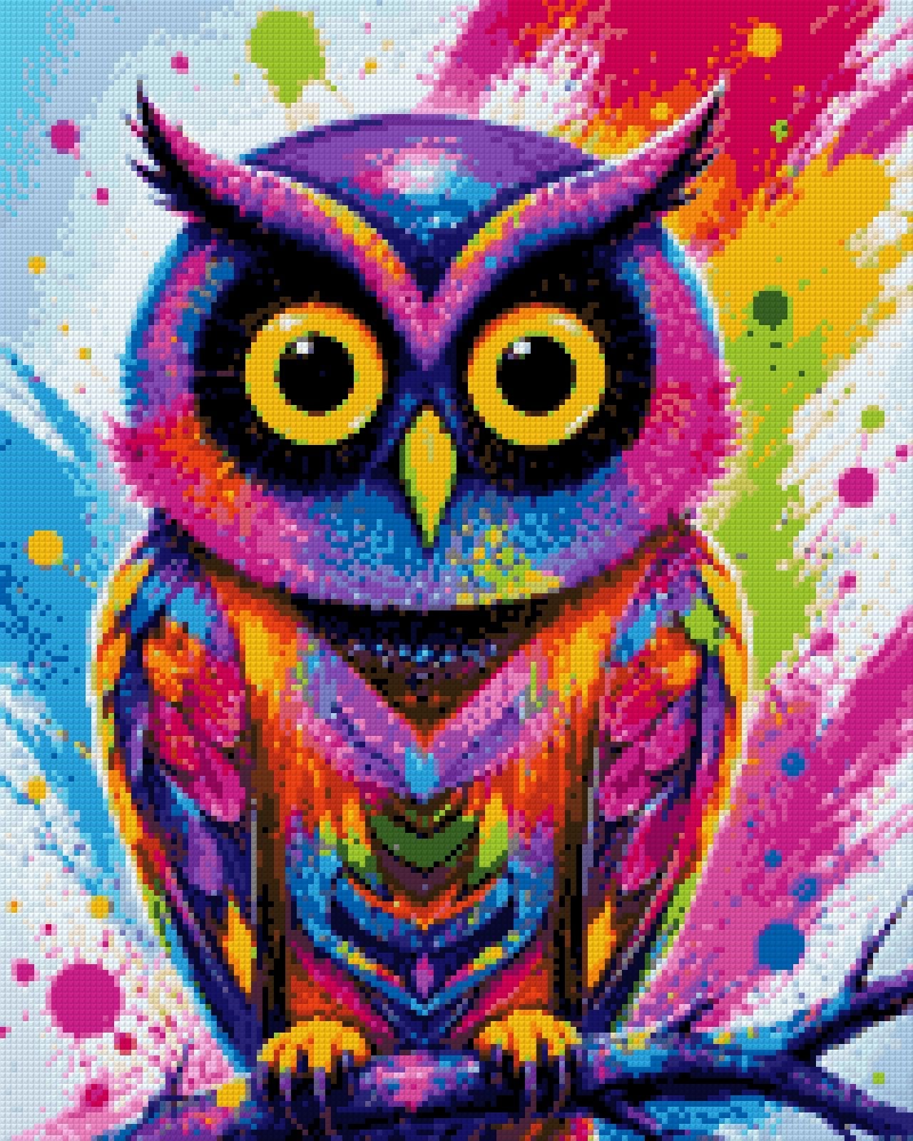 colourful owl with bright feathers and large eyes on a paint-splattered background. Size - 40cm x 50cm