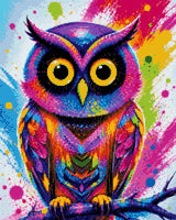 colourful owl with bright feathers and large eyes on a paint-splattered background. Size - 40cm x 50cm
