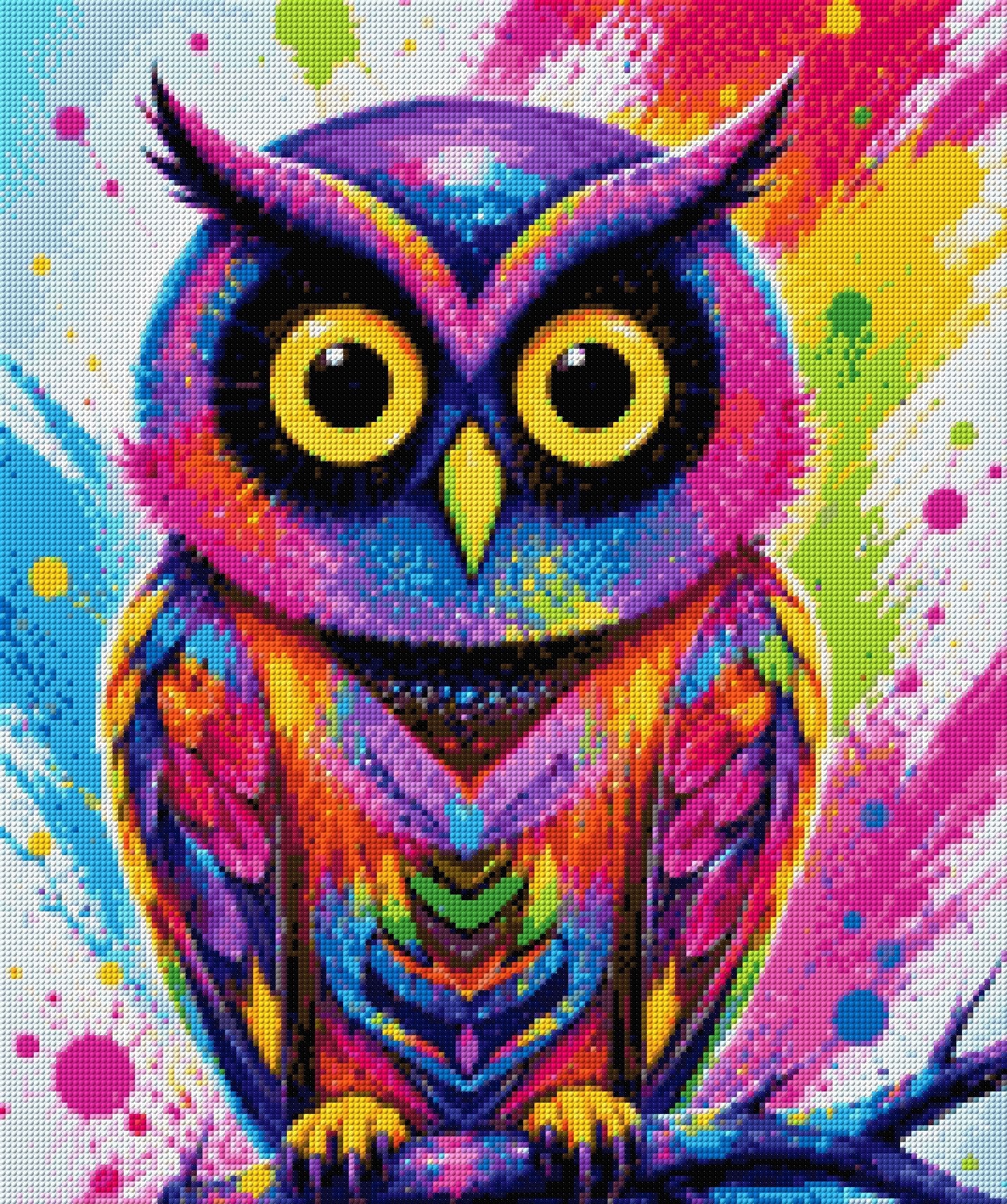 colourful owl with bright feathers and large eyes on a paint-splattered background. Size - 50cm x 60cm