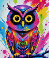 colourful owl with bright feathers and large eyes on a paint-splattered background. Size - 50cm x 60cm