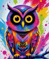 colourful owl with bright feathers and large eyes on a paint-splattered background. Size - 50cm x 60cm