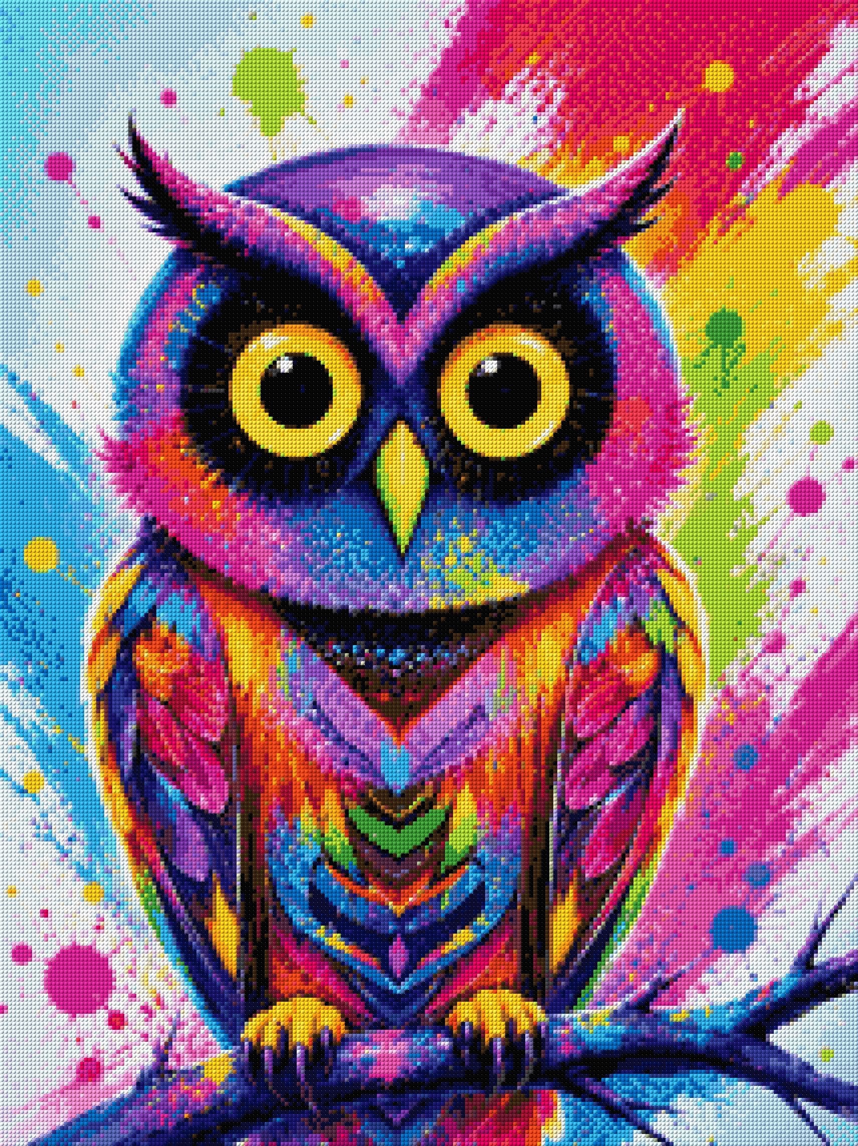 colourful owl with bright feathers and large eyes on a paint-splattered background. Size - 60cm x 80cm