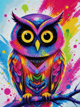 colourful owl with bright feathers and large eyes on a paint-splattered background. Size - 60cm x 80cm