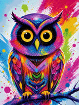 colourful owl with bright feathers and large eyes on a paint-splattered background. Size - 60cm x 80cm