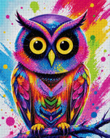 colourful owl with bright feathers and large eyes on a paint-splattered background. Size - 80cm x 100cm