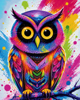 colourful owl with bright feathers and large eyes on a paint-splattered background. Size - 80cm x 100cm