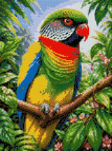 Vividly coloured parrot perched on a branch surrounded by lush foliage and pink flowers. Size - 30cm x 40cm