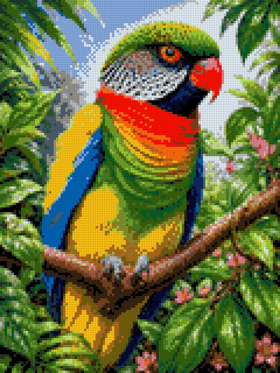 Vividly coloured parrot perched on a branch surrounded by lush foliage and pink flowers. Size - 30cm x 40cm