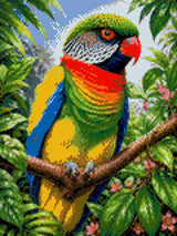 Vividly coloured parrot perched on a branch surrounded by lush foliage and pink flowers. Size - 30cm x 40cm