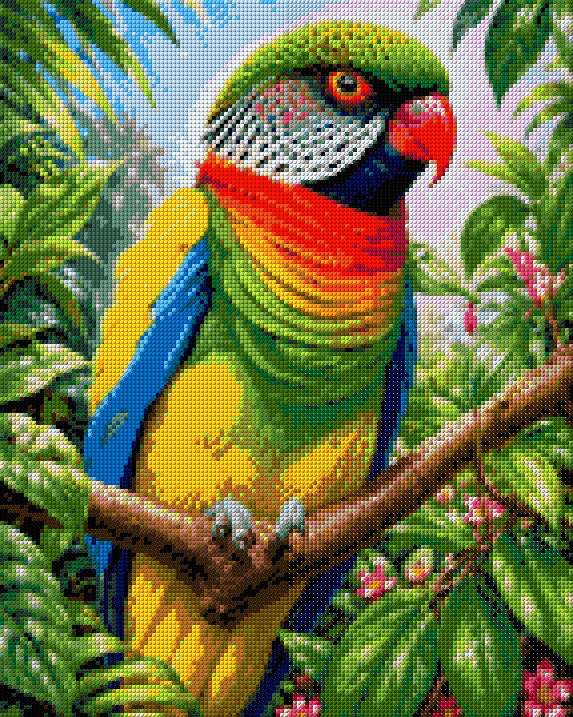 Vividly coloured parrot perched on a branch surrounded by lush foliage and pink flowers. Size - 40cm x 50cm