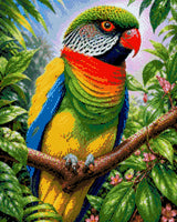 Vividly coloured parrot perched on a branch surrounded by lush foliage and pink flowers. Size - 40cm x 50cm