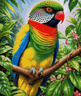 Vividly coloured parrot perched on a branch surrounded by lush foliage and pink flowers. Size - 50cm x 60cm